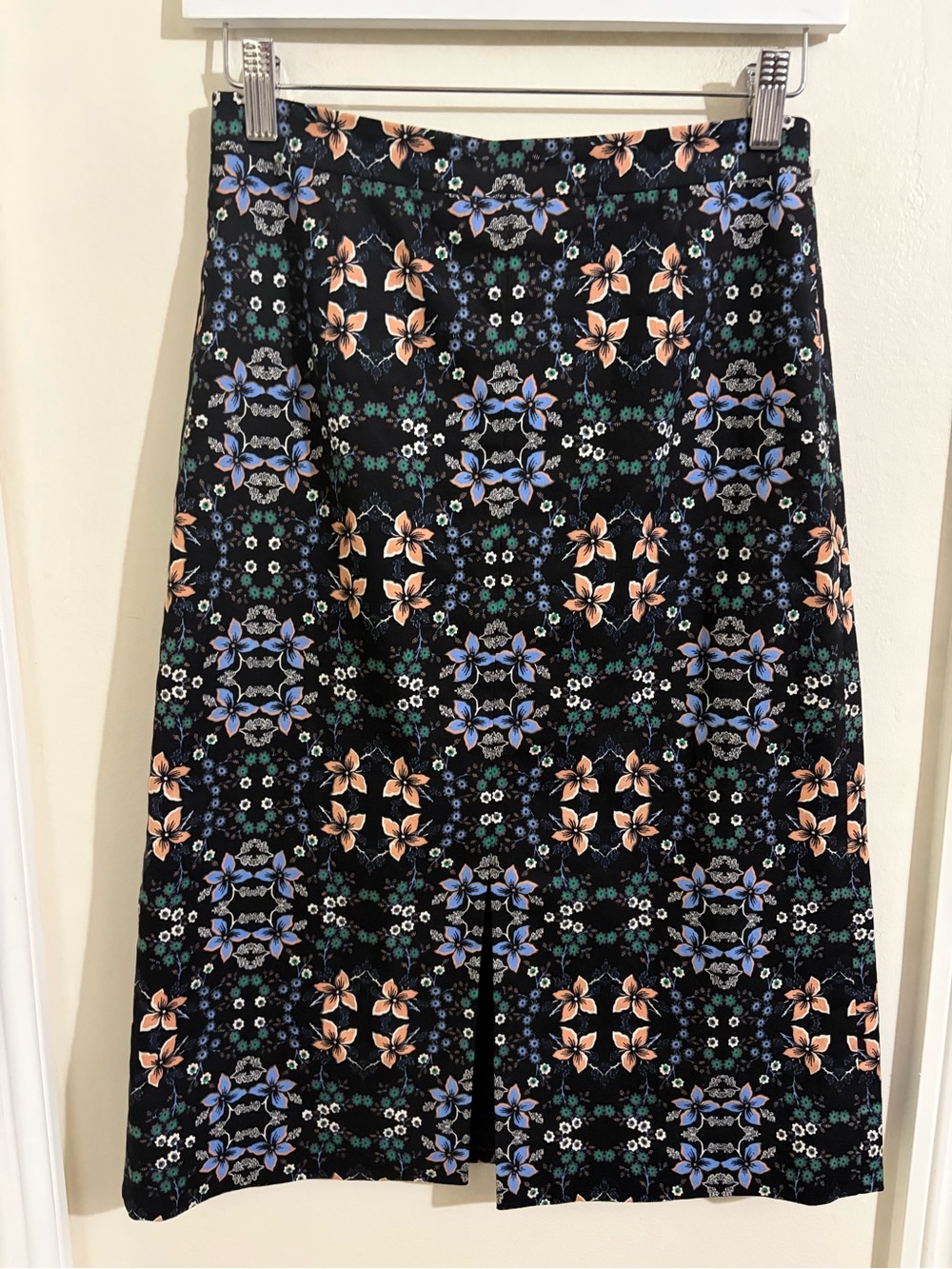 J. Crew Black Midi Skirt with Peach & Blue Floral Print